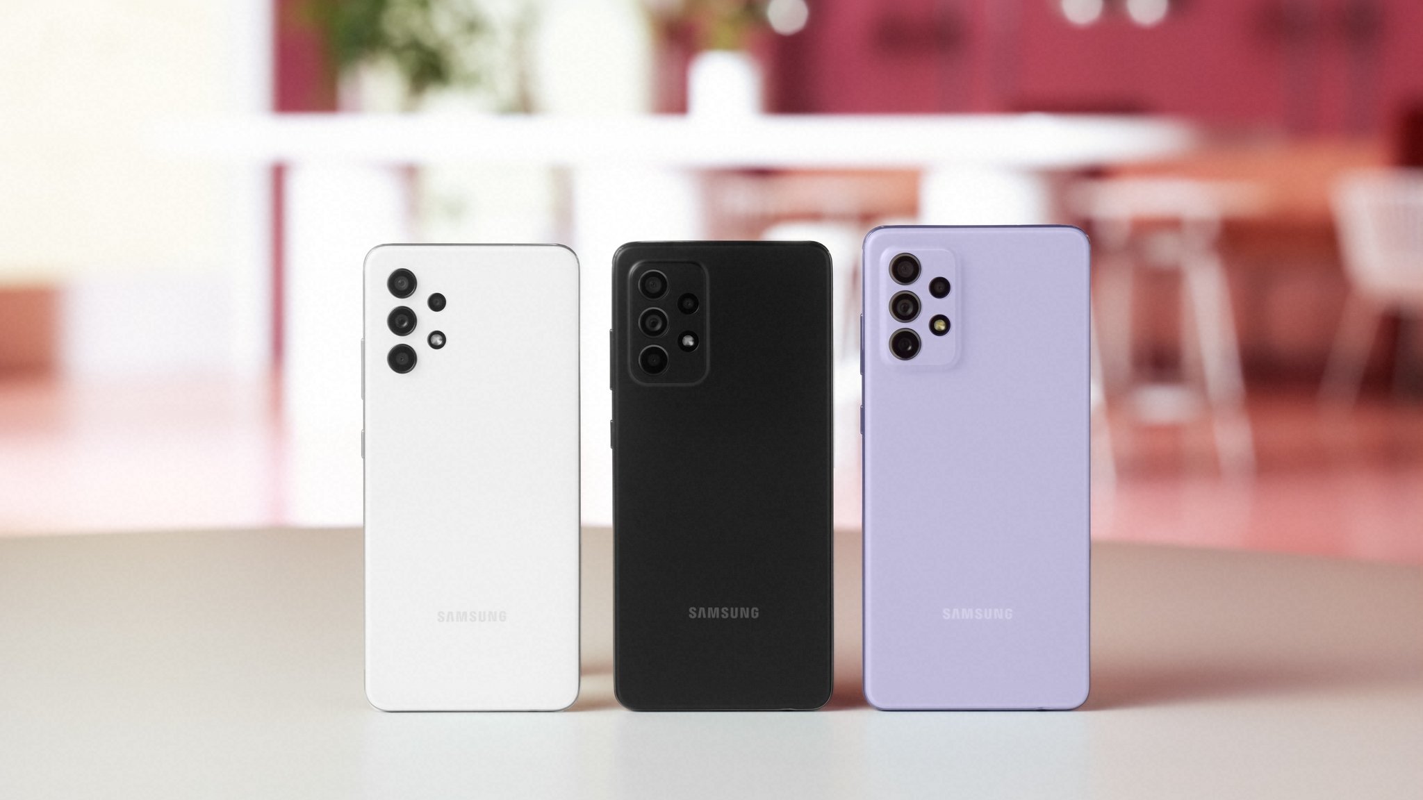 Samsung Galaxy A32 White, A52 Black, and A72 Violet