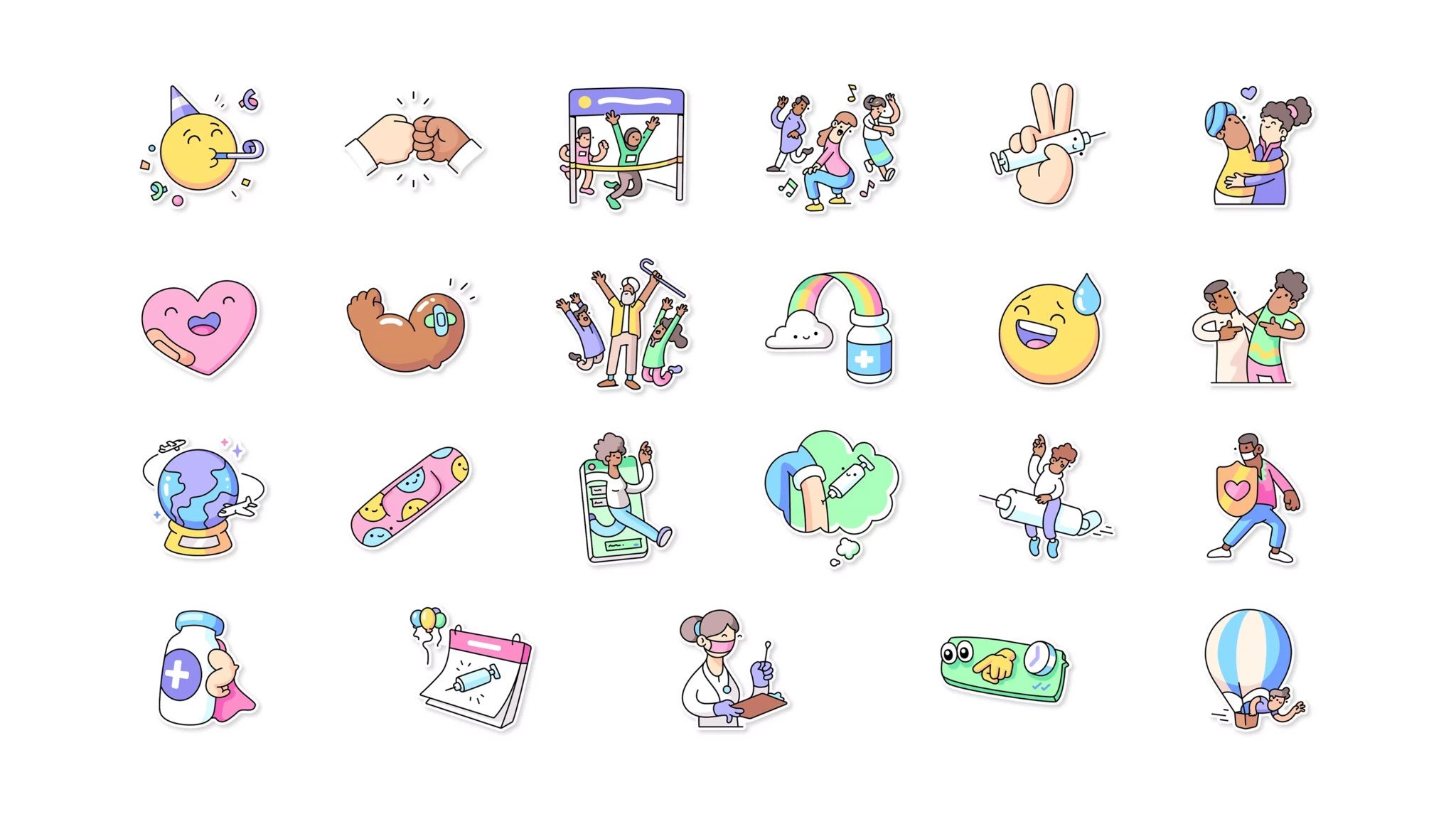 A selection of stickers from Whatsapp's Vaccines for All Sticker pack