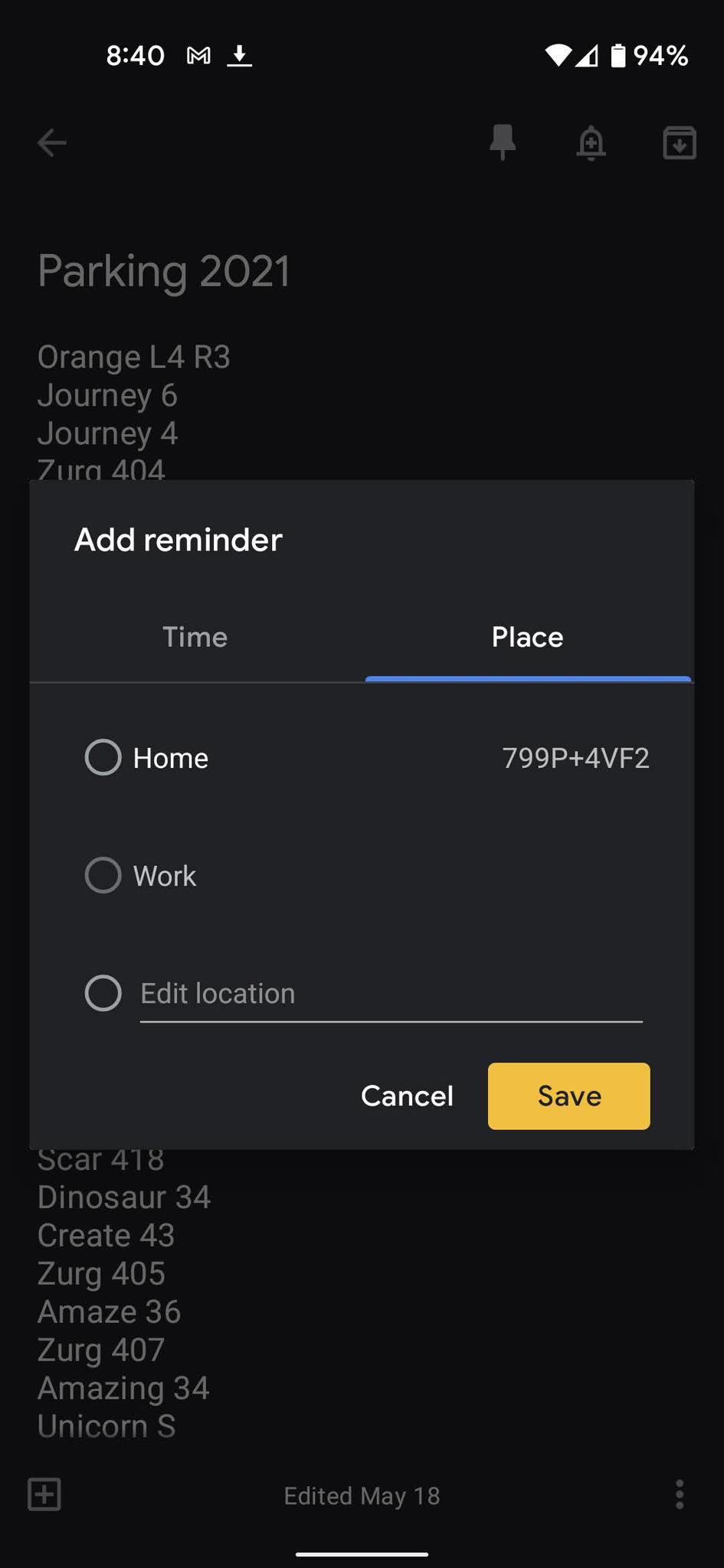 How to add a Google Keep Location Reminder