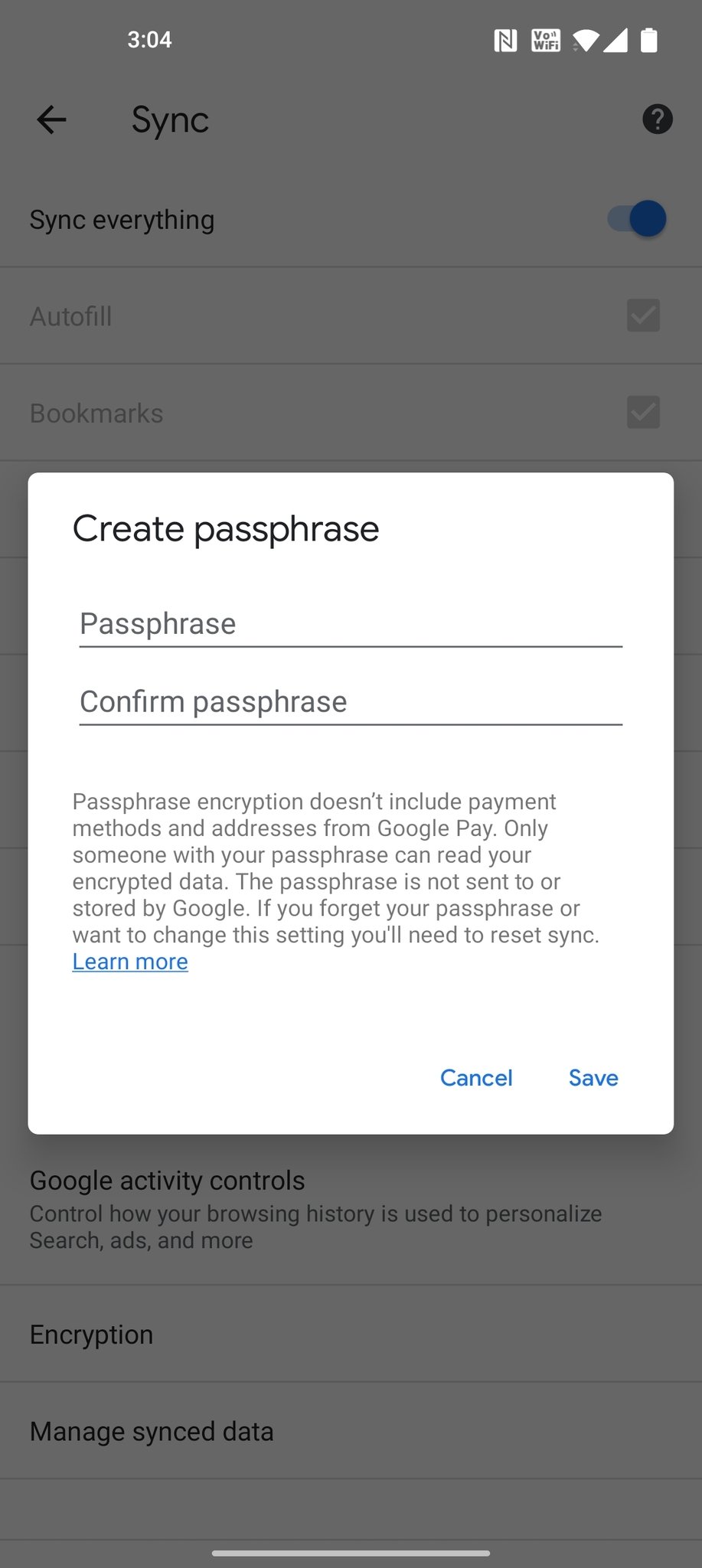 Mobile Chrome Sync Passphrase Ss