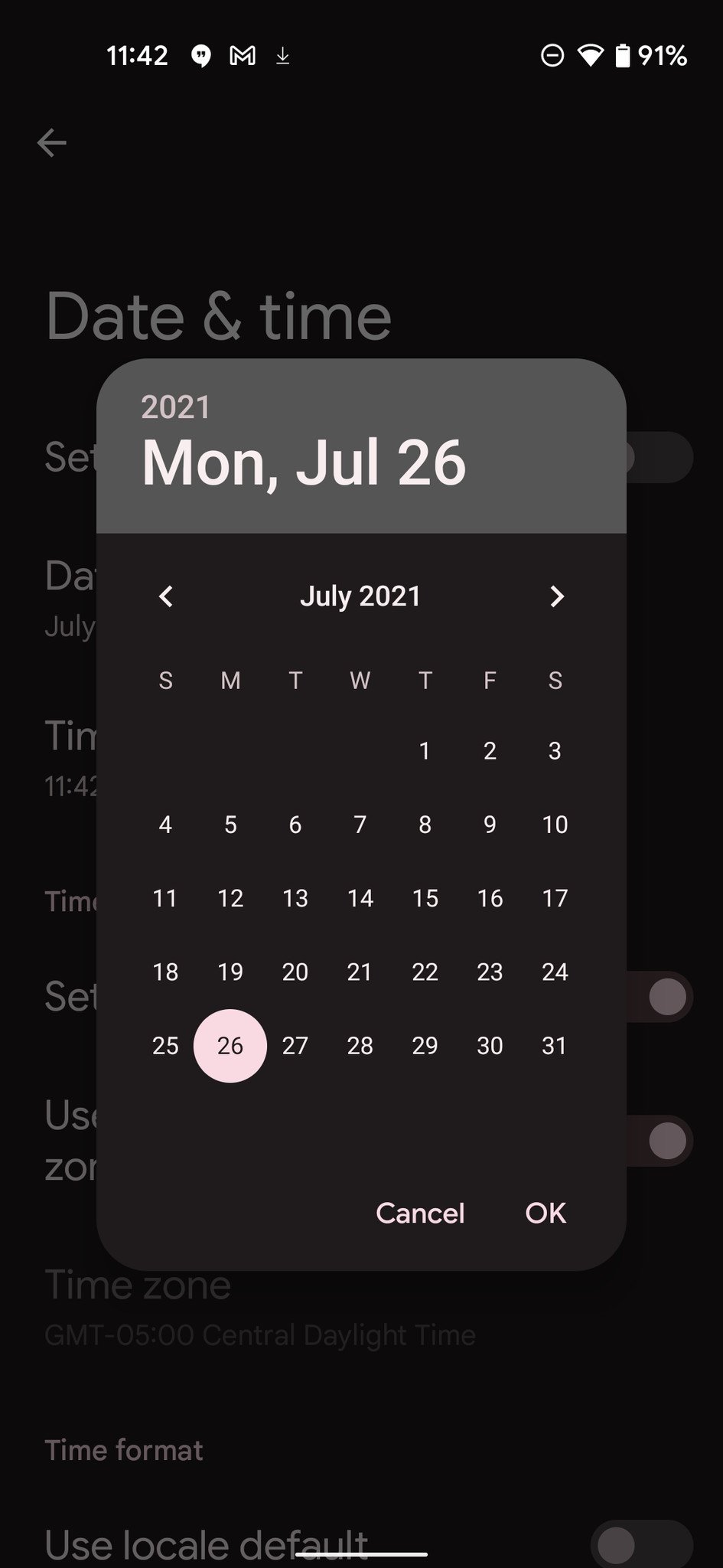 Captura de pantalla de configuración de fecha manual de Android 11