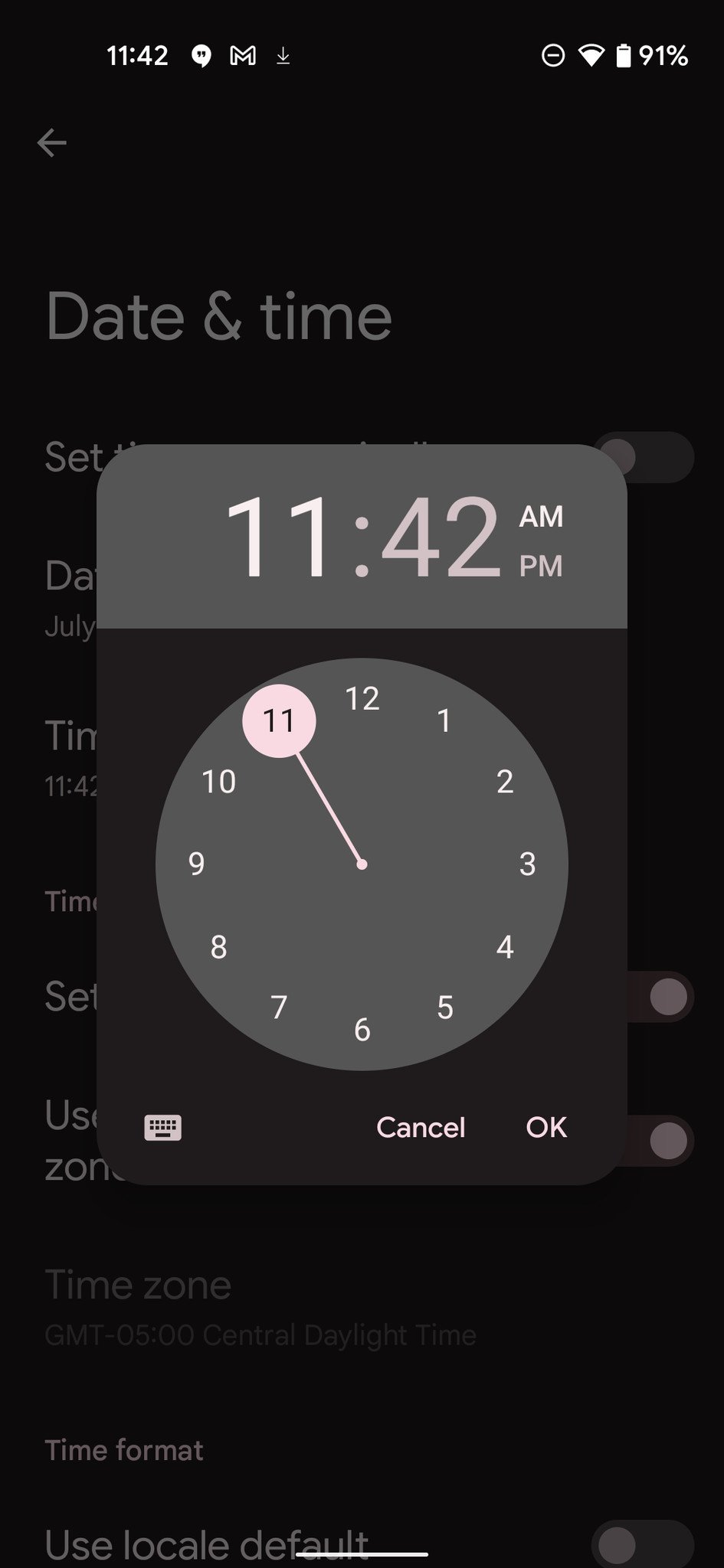 Captura de pantalla de configuración manual de Android 11 Time