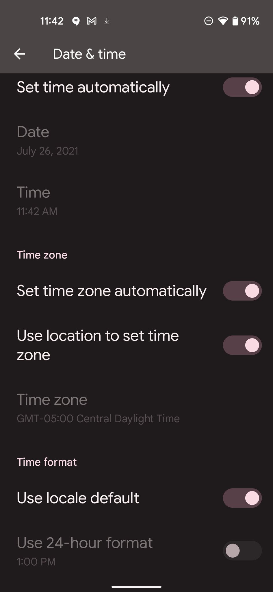 Captura de pantalla de configuración de zona horaria de Android 11