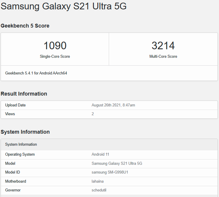 Samsung Galaxy S21 Ultra Android 11 Geekbench Results