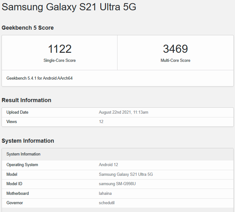 Samsung Galaxy S21 Ultra Android 12 Geekbench Results