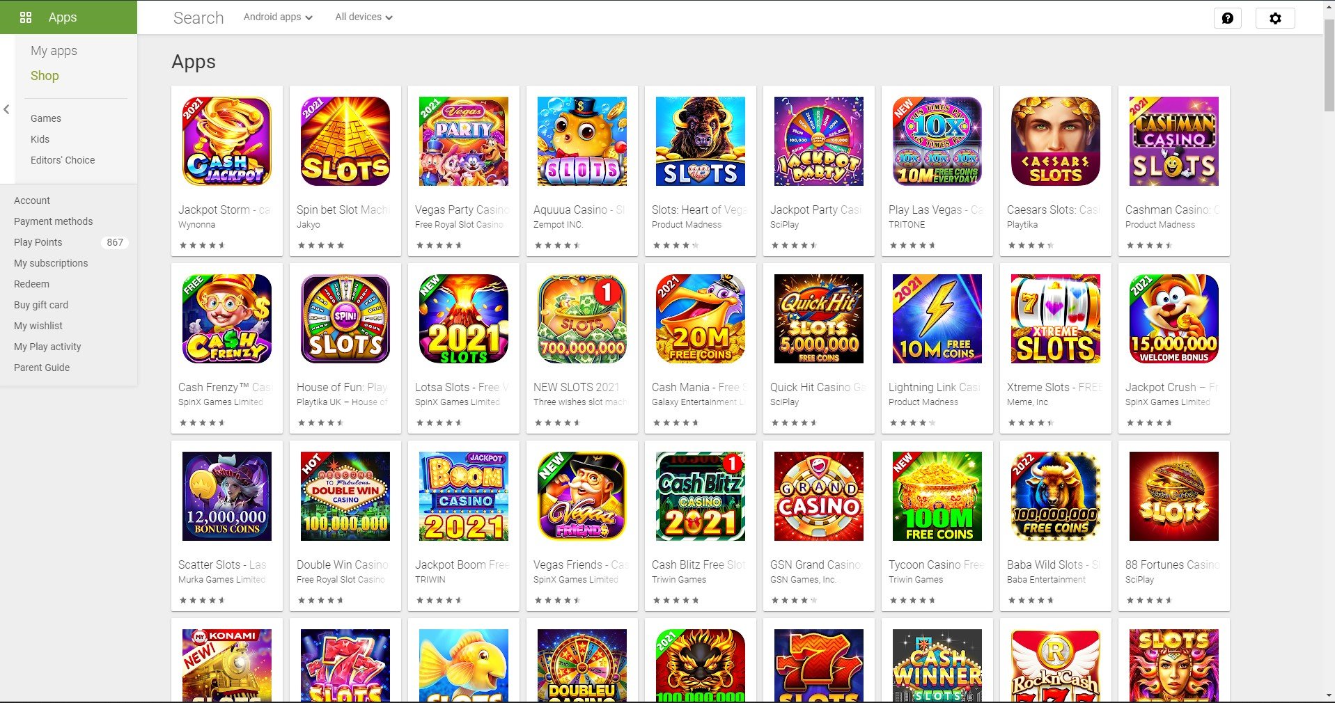 Google Play Store Casino Games Screenshot