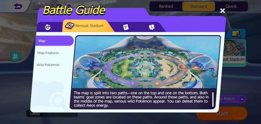 Informações do Pokémon Unite Arena