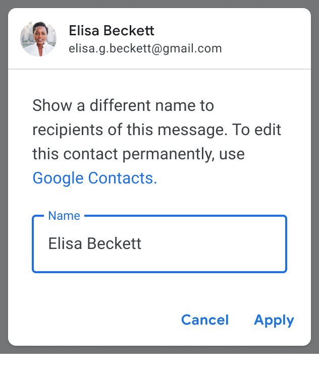 Caixa de diálogo de mudança de nome do Gmail