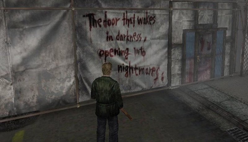O protagonista de Silent Hill 2 olha para palavras sangrentas na parede