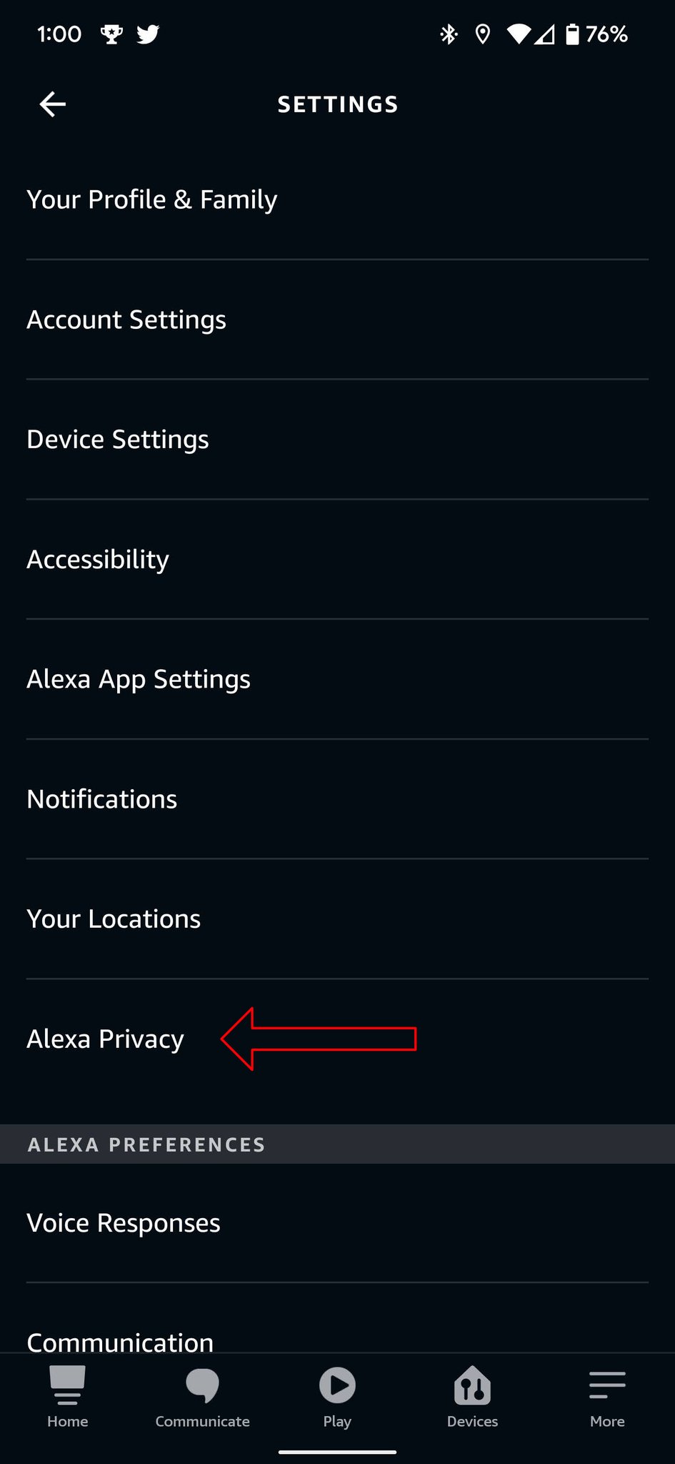 Configurações de captura de tela do aplicativo Alexa
