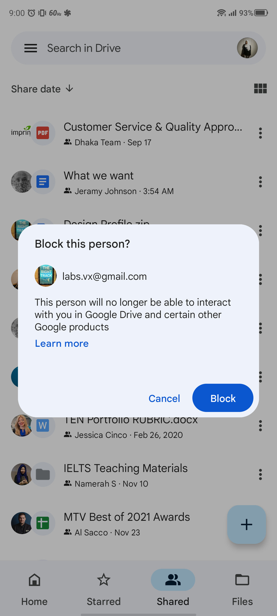 Google Drive Android Spam Block