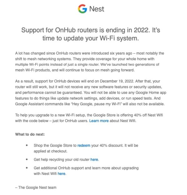 Onhub Support End Email