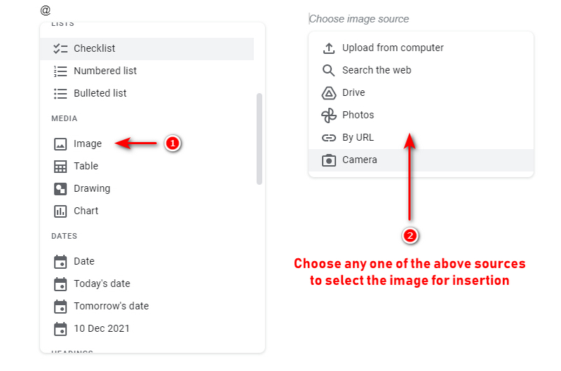 Menu de inserção universal para imagens Google Docs