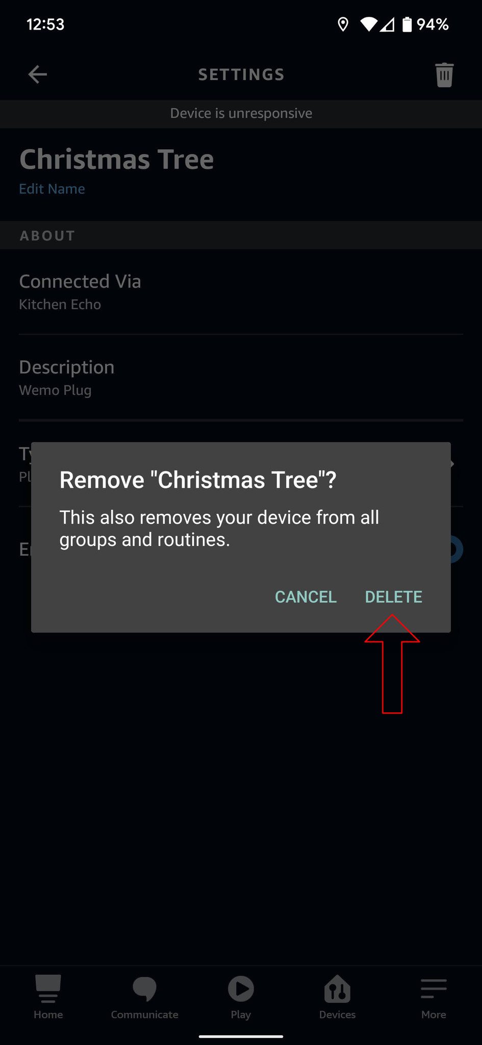 Dispositivo removido da captura de tela do aplicativo Alexa