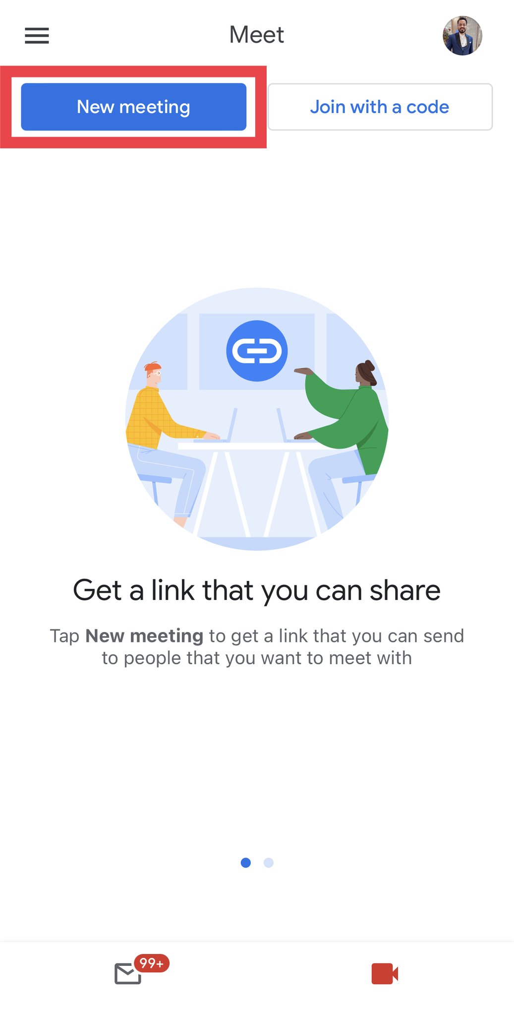 Nova reunião do Google Meet no aplicativo Gmail.