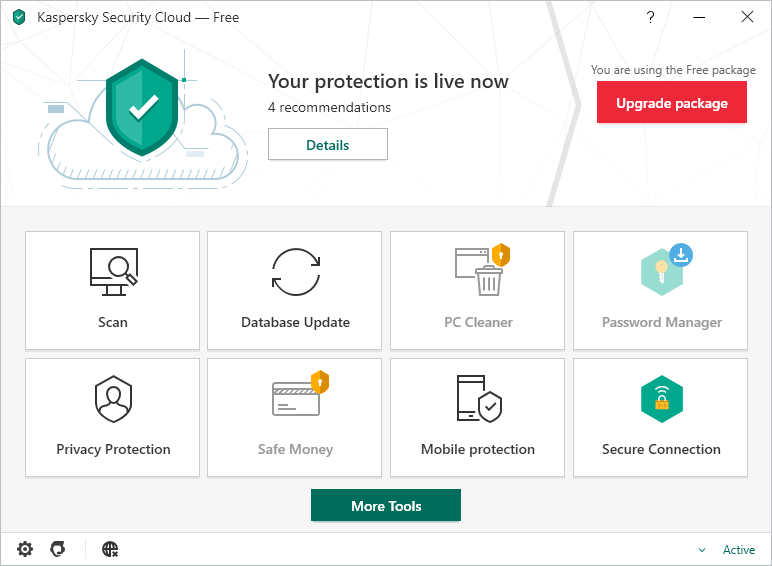 Kaspersky Security Cloud Free menu