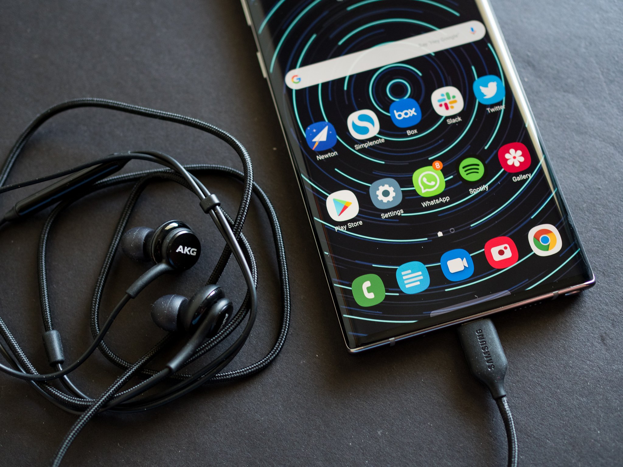 Samsung Galaxy Note 10+ with USB-C earbuds plugged in