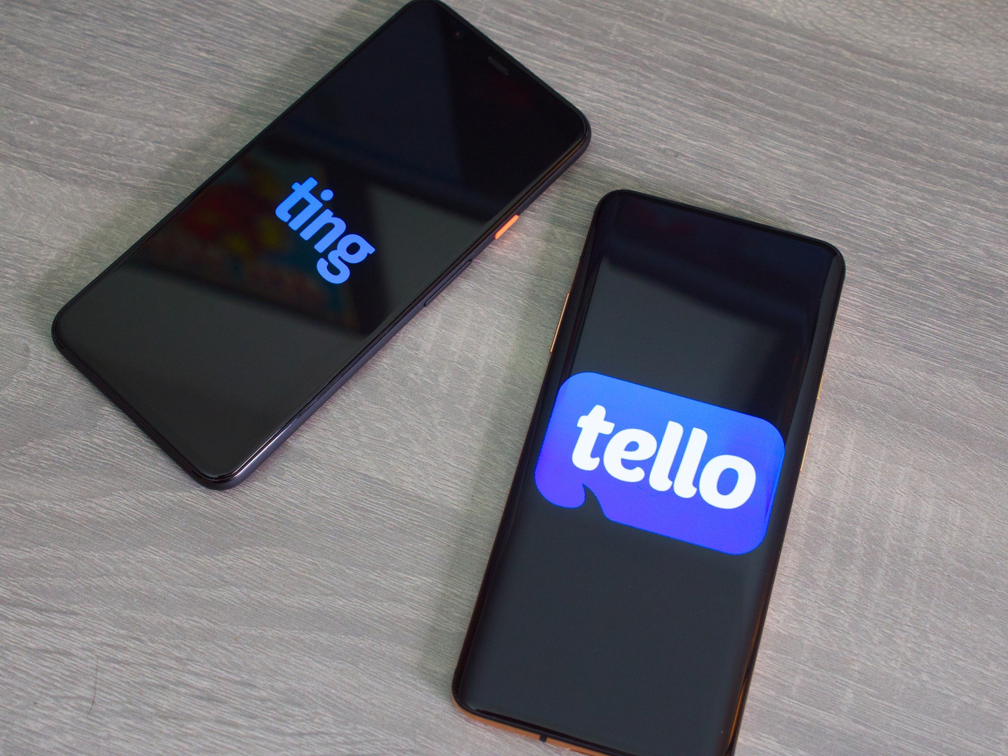 Ting and Tello logos on a Google Pixel 4 XL and OnePlus 7 Pro