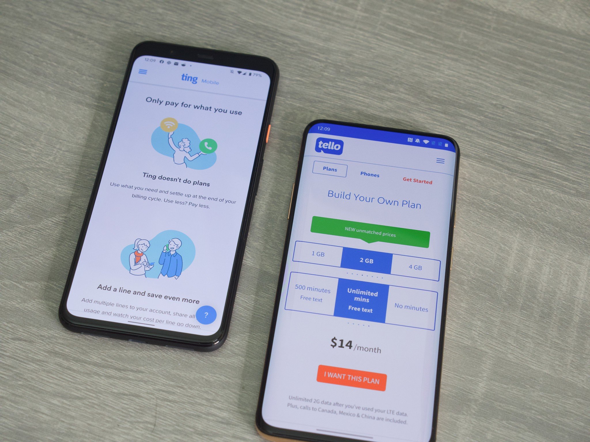 Ting and Tello websites on the Google Pixel 4 XL and OnePlus 7 Pro