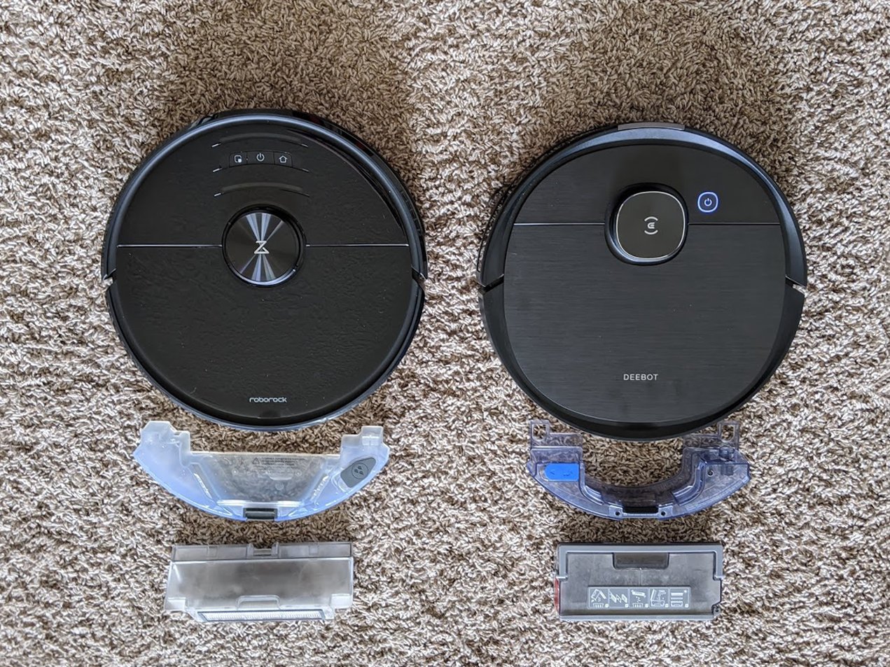 Roborock S6 Maxv and  Ecovacs Deebot Ozmo T8 Aivi with water tanks and dustbins out