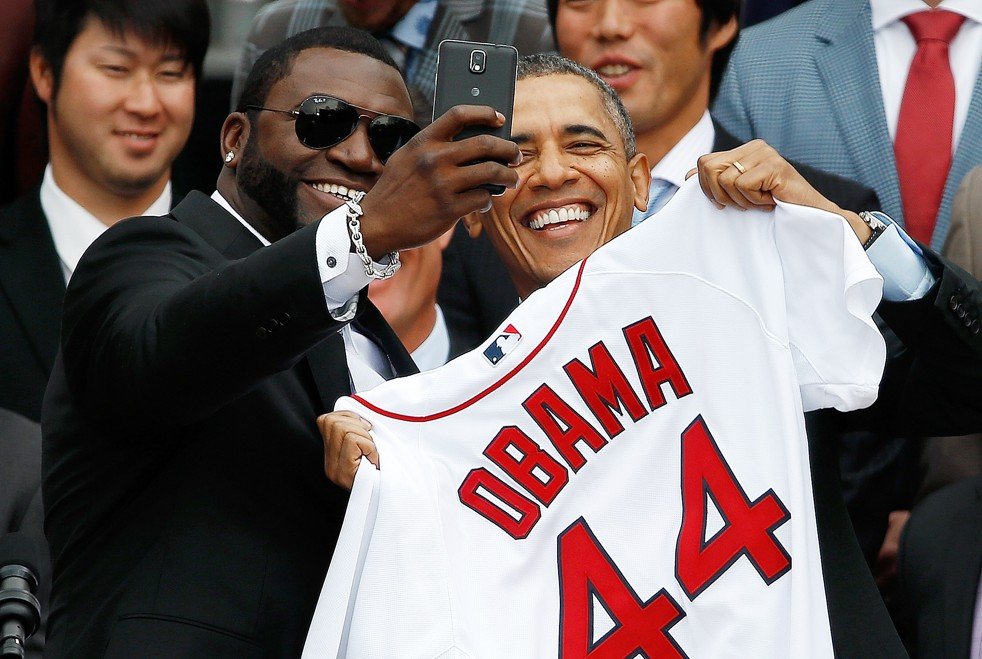 Boston's Ortiz uses a Samsung-provided Galaxy Note III to take selfie with President Obama