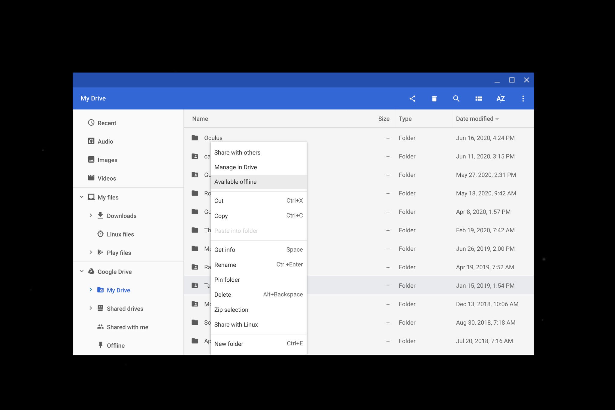 Captura de pantalla de Google Drive de Archivos de Chromebook