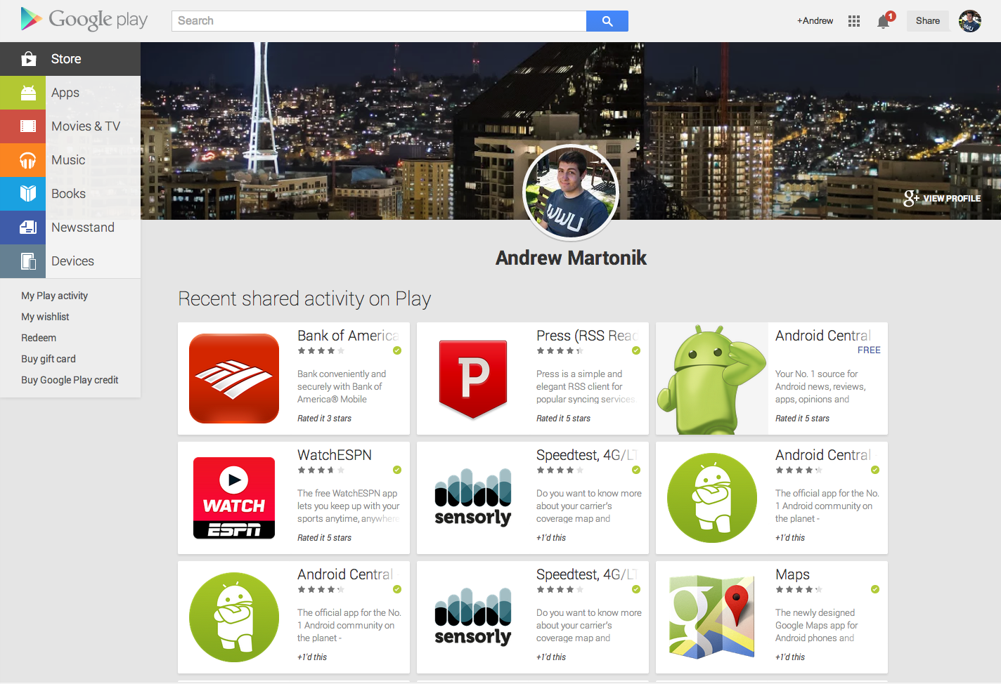 Google Play Activity page