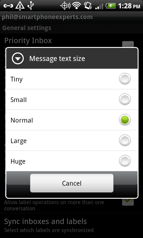 Gmail text size