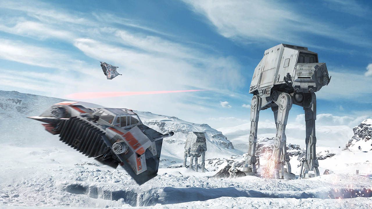 Star Wars a Snowspeeder racing towards an AT-AT