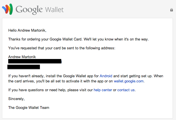Google Wallet Card Confirmation