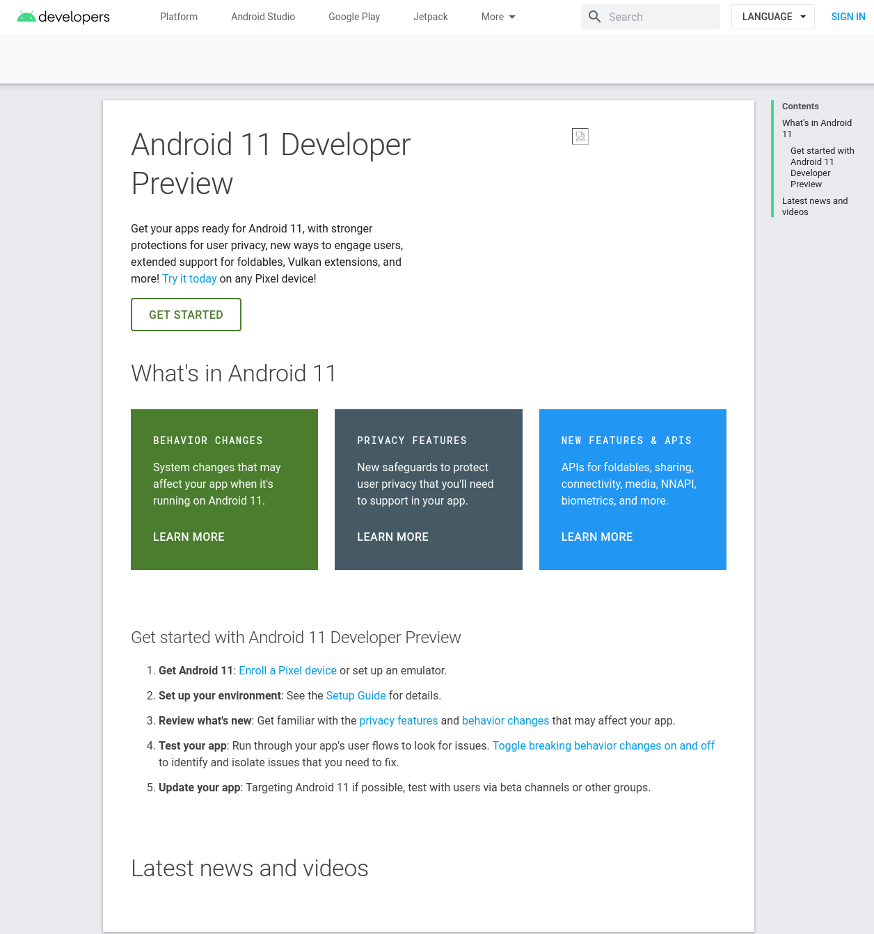 Android 11 Developer Preview page